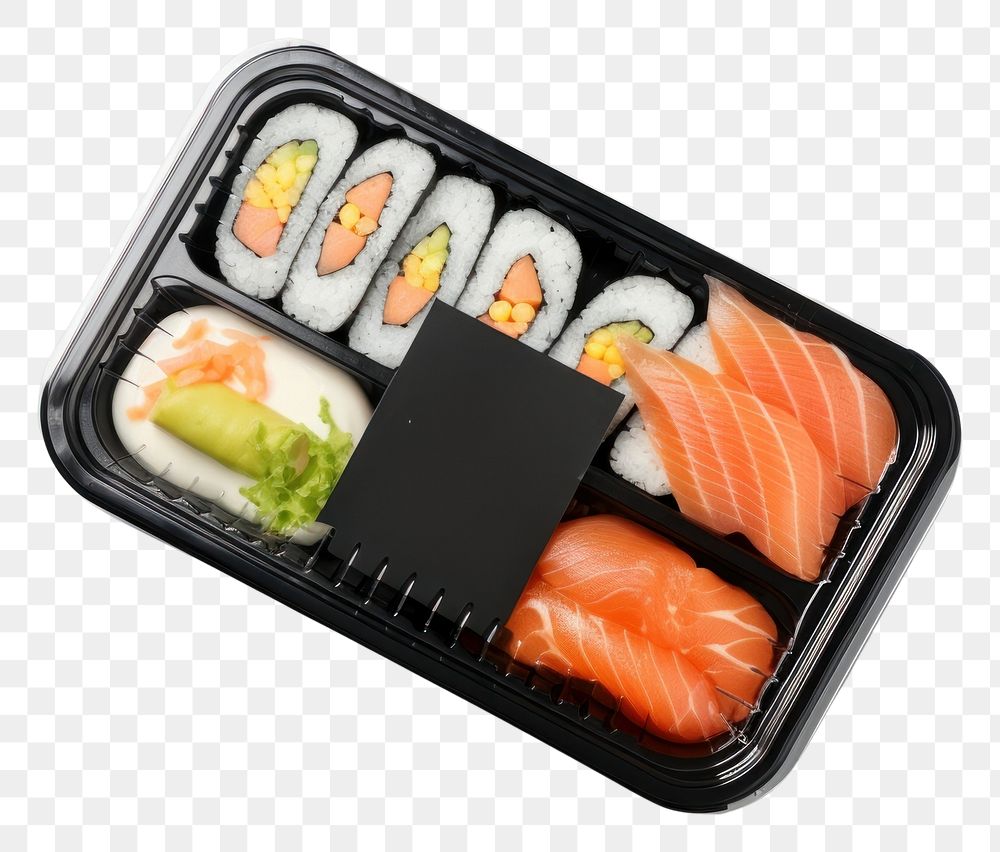 PNG Sealable black plastic tray and cover with sushi and blank label mockup packaging lunch rice food.