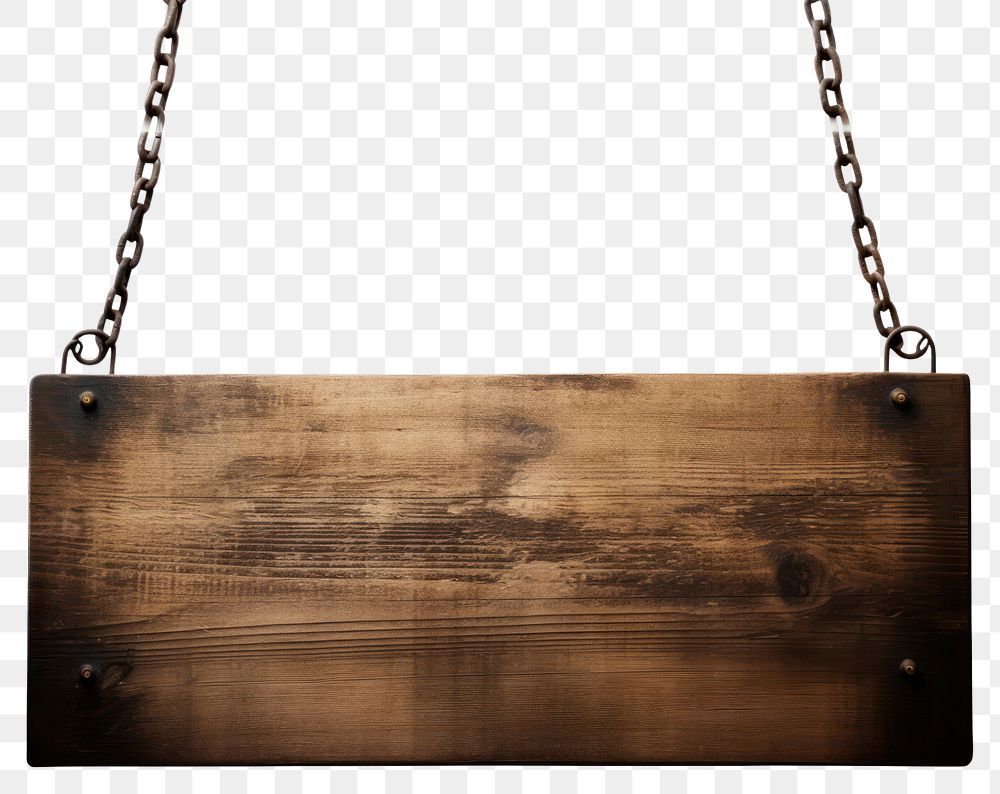 PNG  Wooden plank sign hanging chain white background.