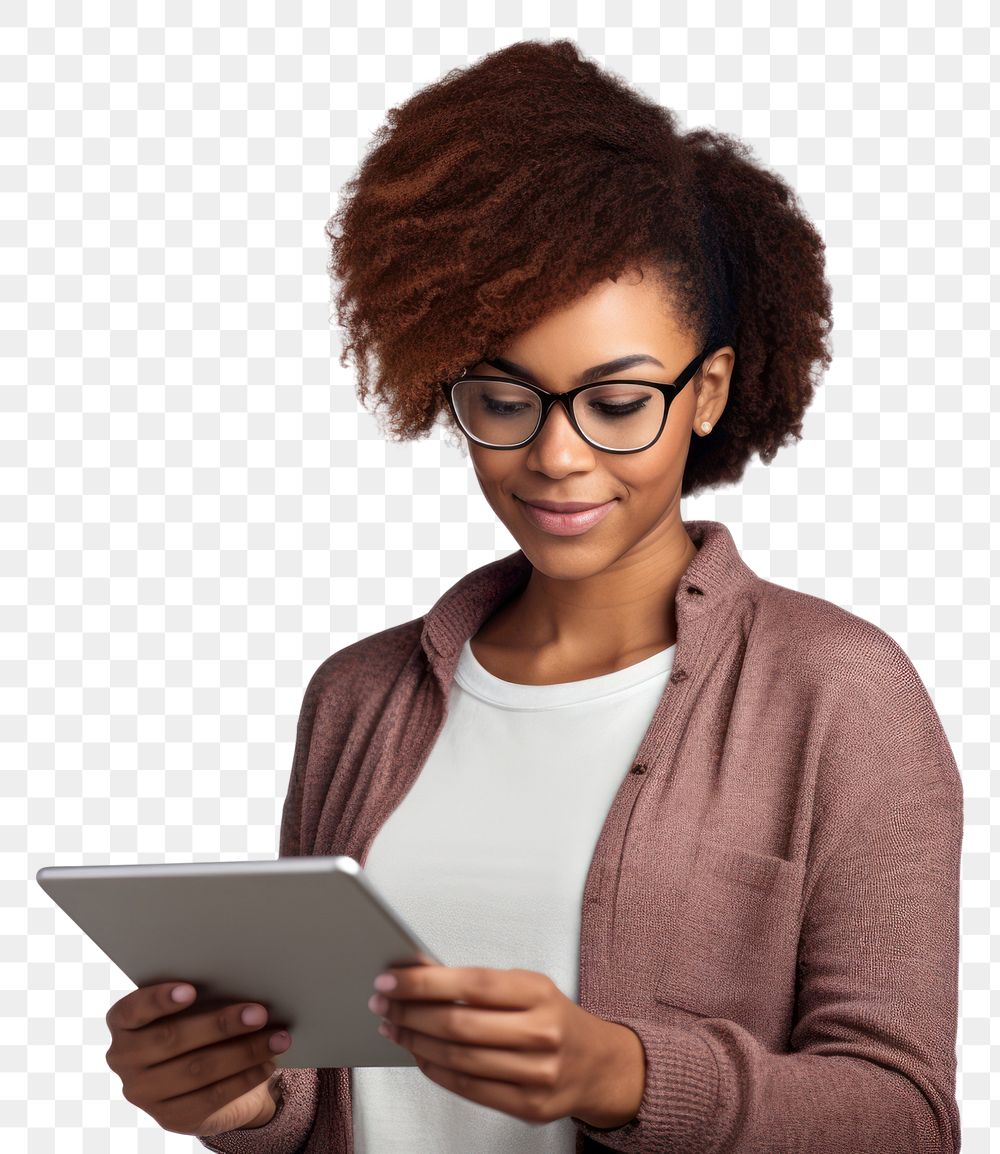 PNG  African american woman glasses computer portrait.