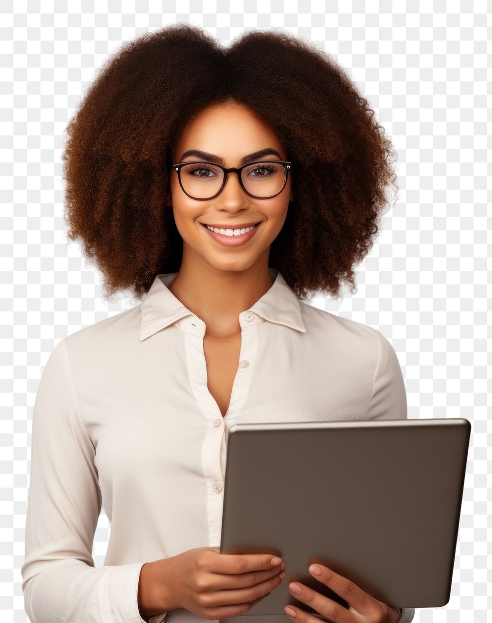 PNG  African american woman glasses computer portrait.