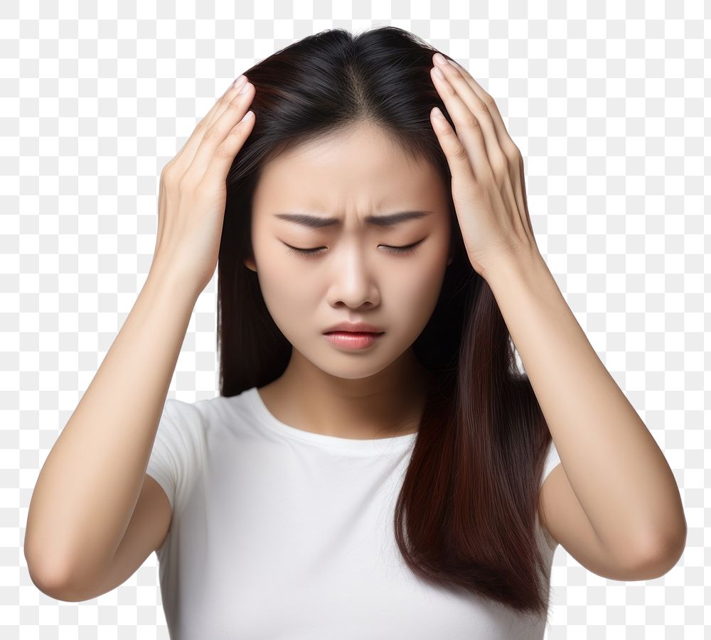 PNG Asian woman pain head disappointment. AI generated Image by rawpixel.