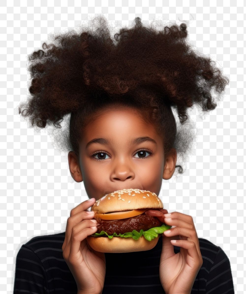 PNG  Black 10 year old girl food hamburger eating.