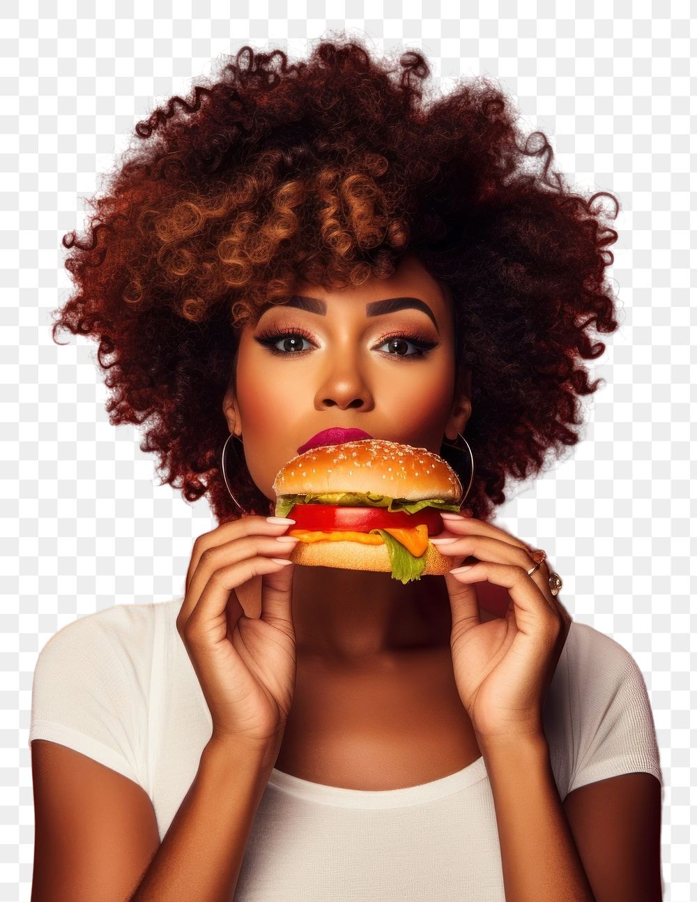 PNG  Black woman eating food hamburger biting.