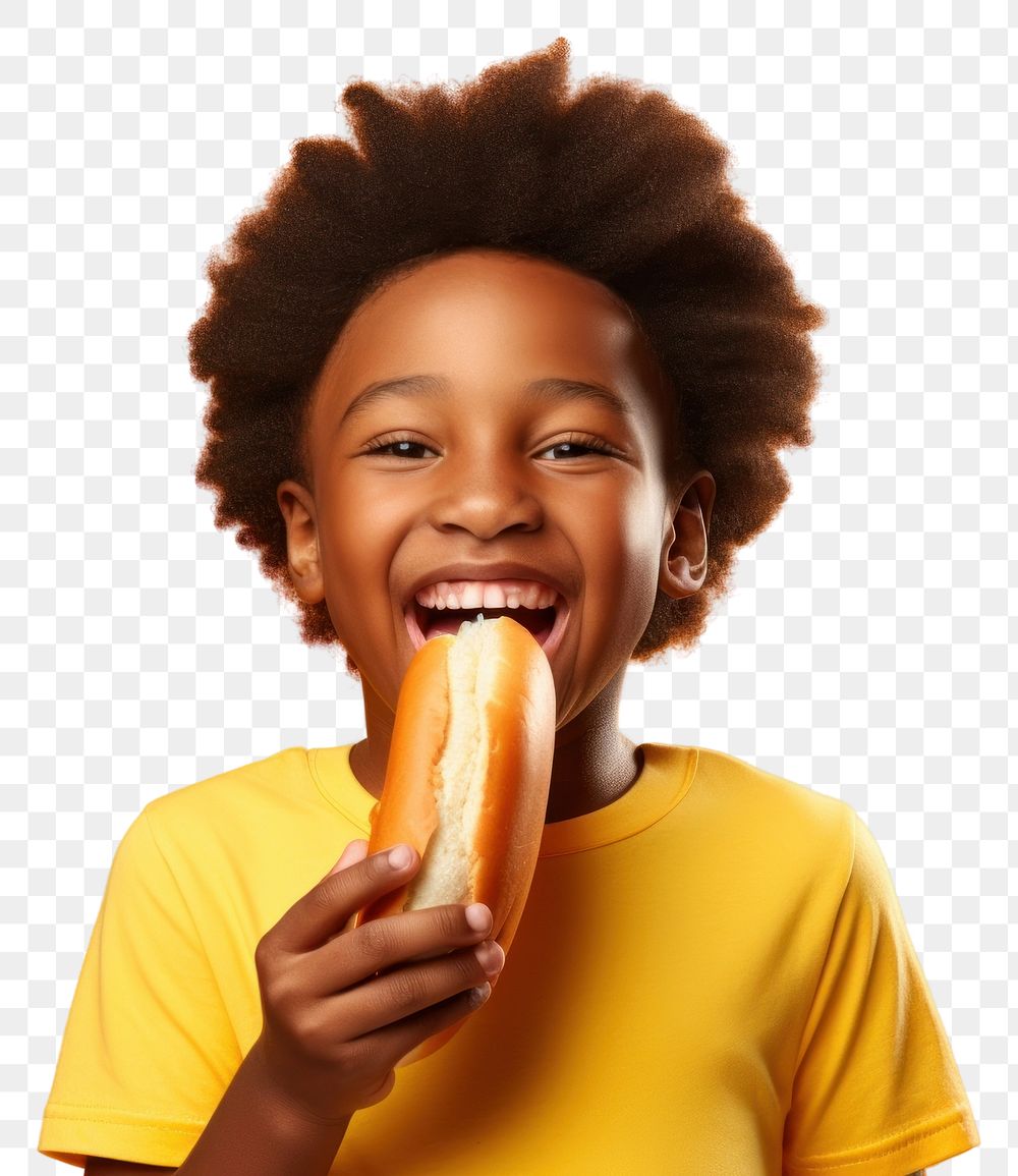 PNG  Black little boy eating food biting happiness.