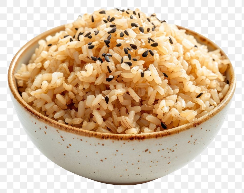 PNG Brown rice in white rice bowl food white background container.