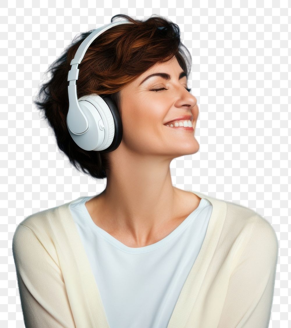 PNG  Mature woman headphones headset adult.