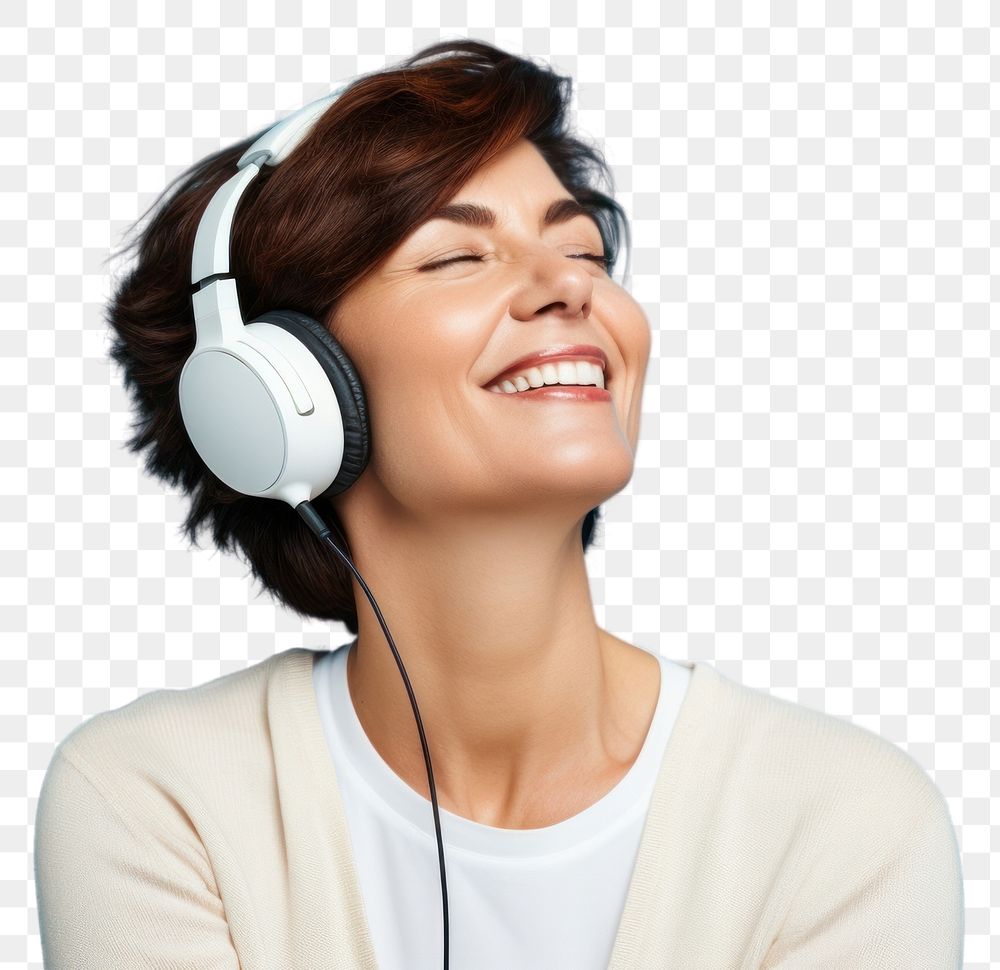PNG  Mature woman headphones headset smile.