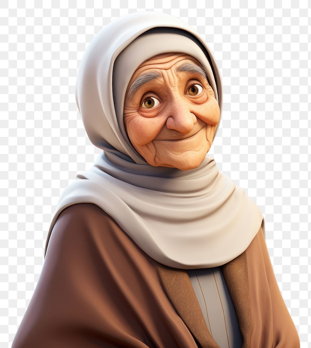 PNG Qatari elderly woman 3d cartoon realistic portrait adult white background.