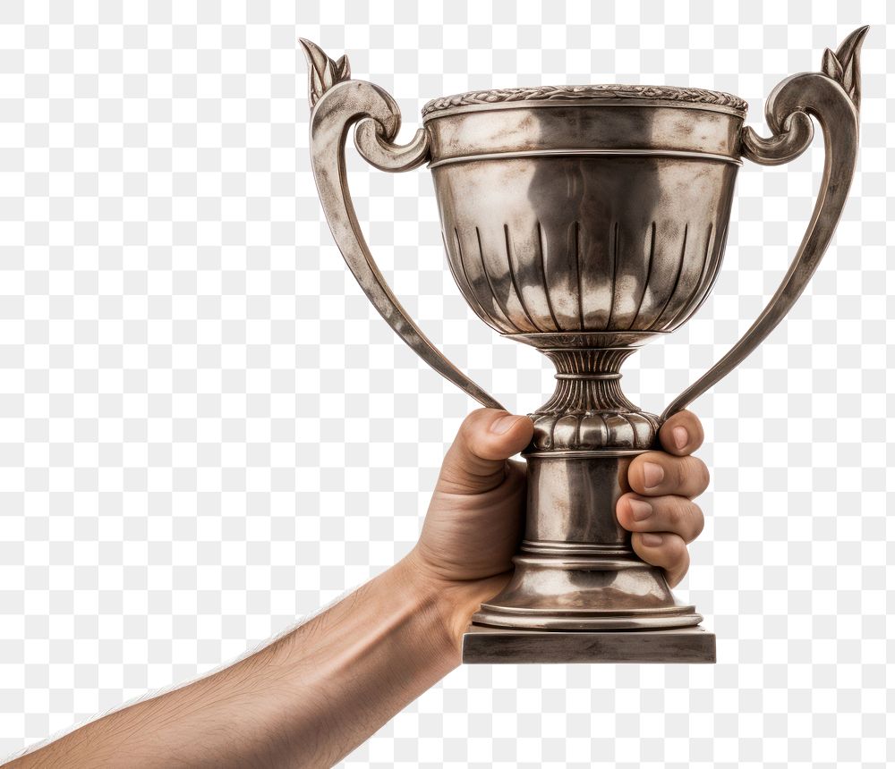 PNG A hand holding up an aged trophy white background achievement refreshment.