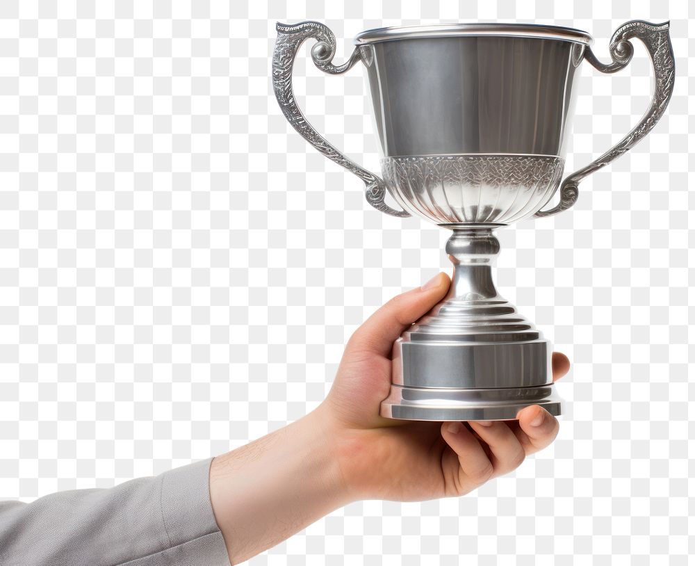 PNG A hand holding up trophy white background achievement midsection.
