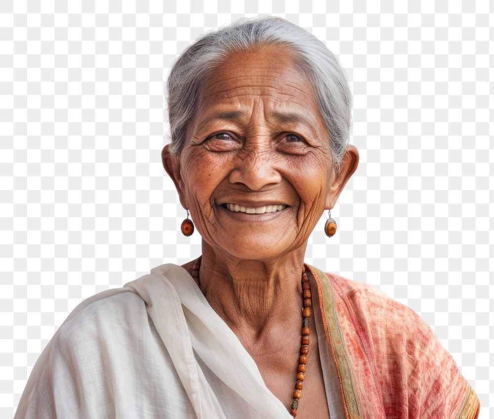 PNG Smiling elderly indian woman necklace laughing jewelry.