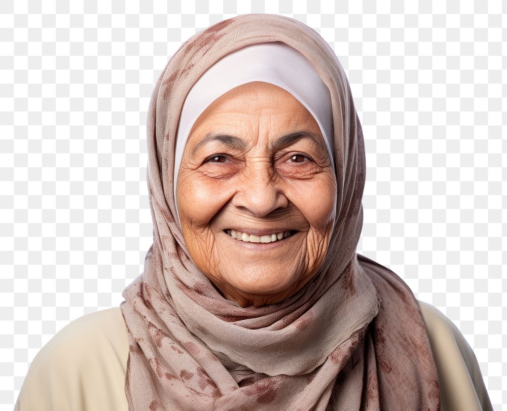 PNG Smiling elderly middle eastern woman scarf smile white background.