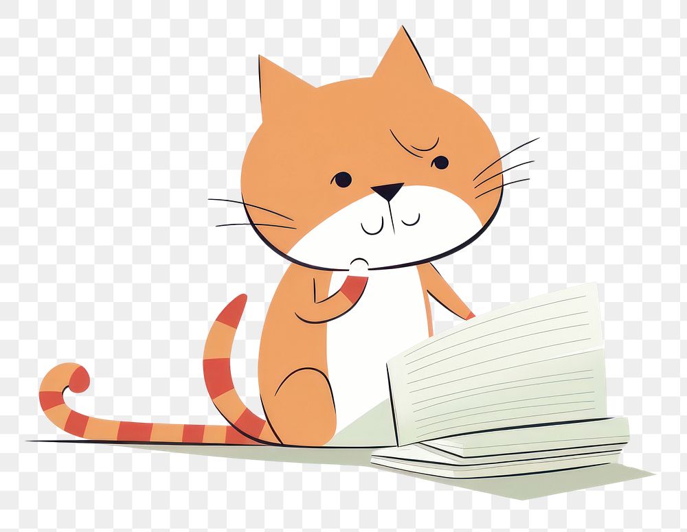 PNG  Cat sitting on a some papers cartoon publication animal. AI generated Image by rawpixel.