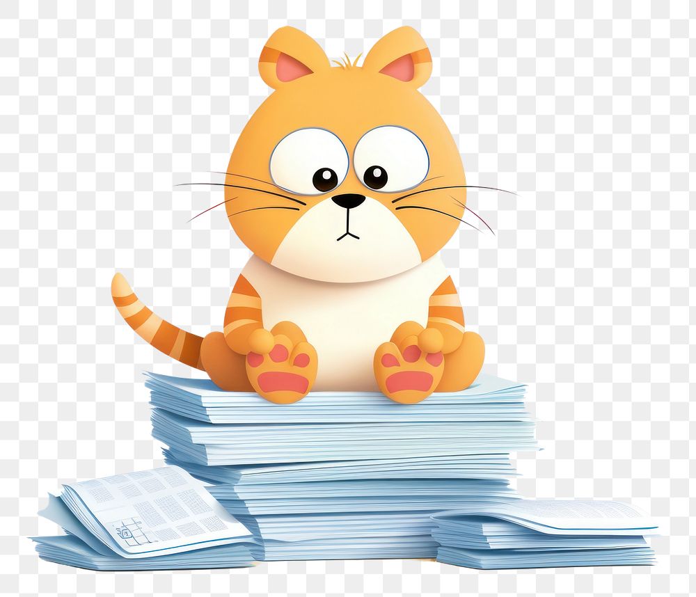 PNG  Cat sitting on a some papers cartoon cute advertisement. AI generated Image by rawpixel.