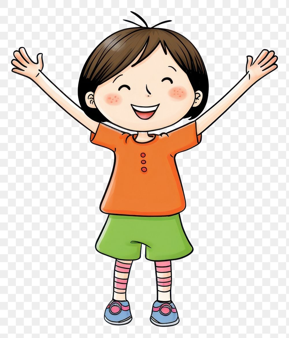 PNG Asian girl hands up cartoon portrait drawing.