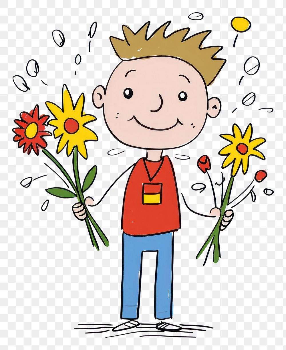PNG Boy holding a bouquet drawing cartoon sketch.