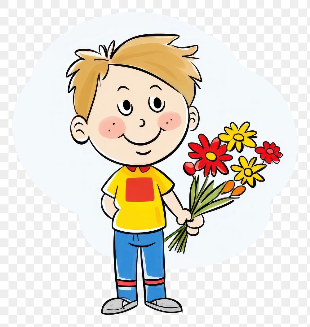 PNG Boy holding a bouquet cartoon cute white background.
