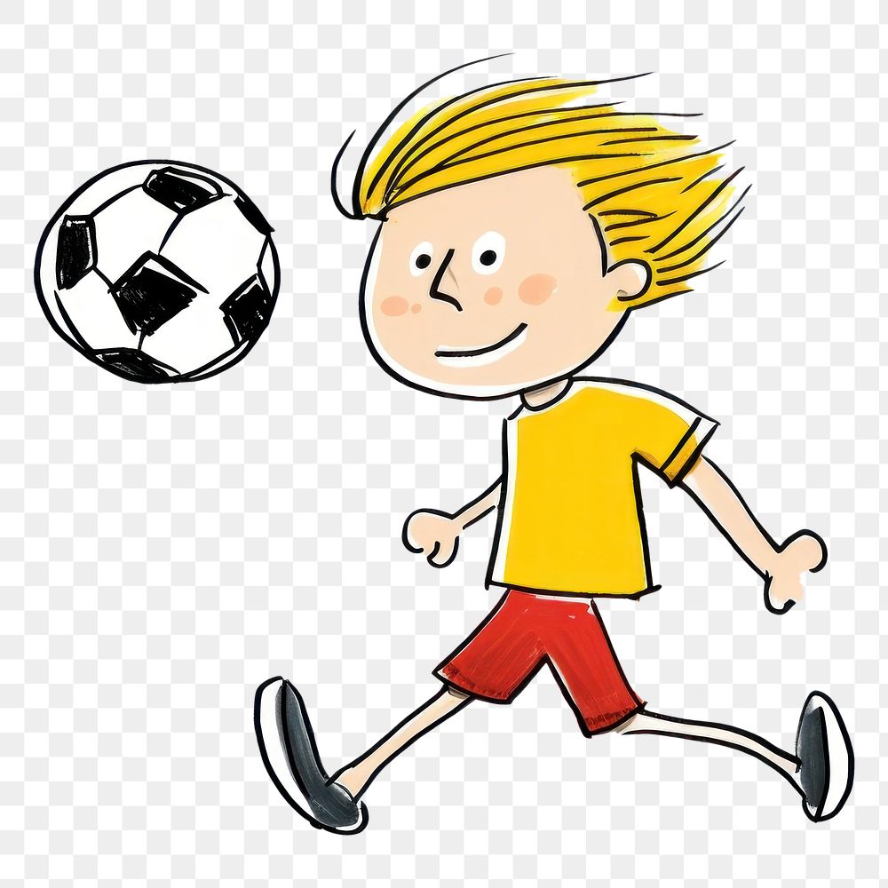 PNG Boy playing football kicking drawing cartoon.