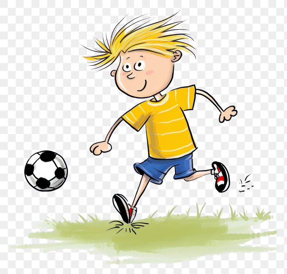 PNG Boy playing football kicking drawing cartoon.
