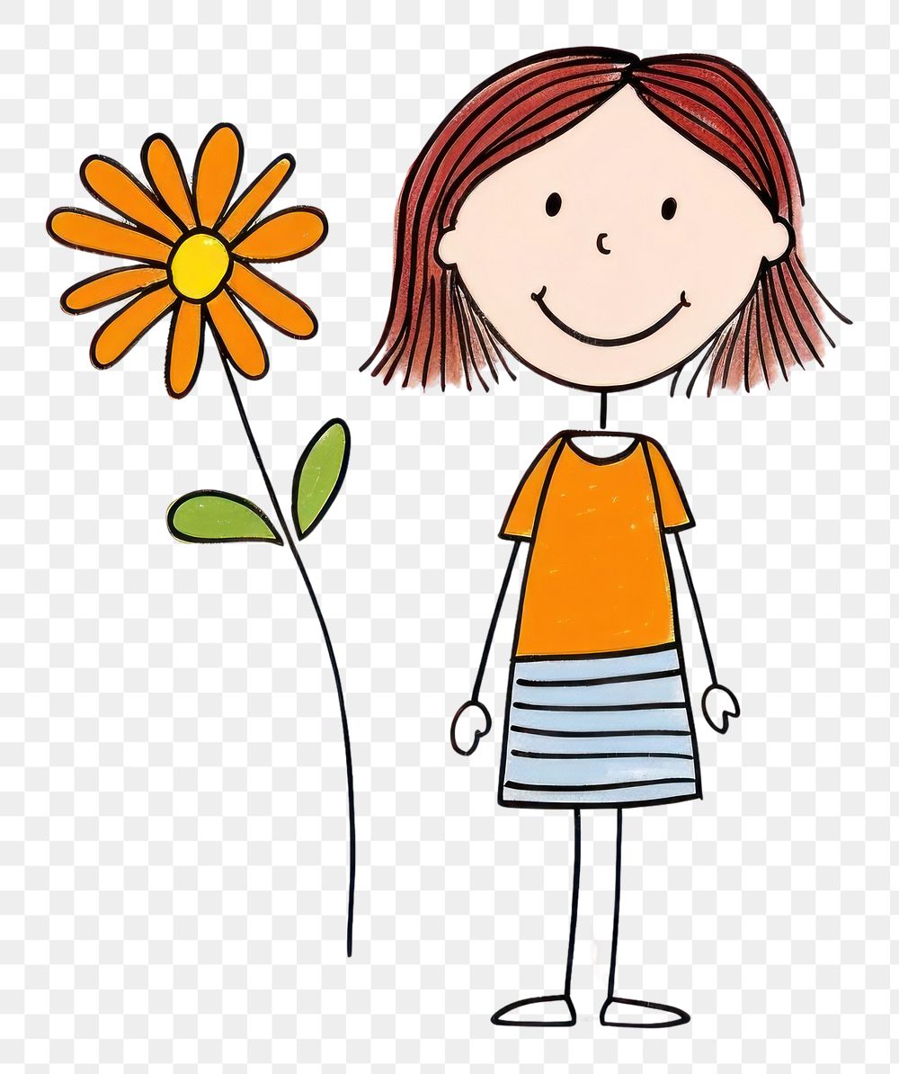 PNG Girl holding a flower drawing cartoon sketch.