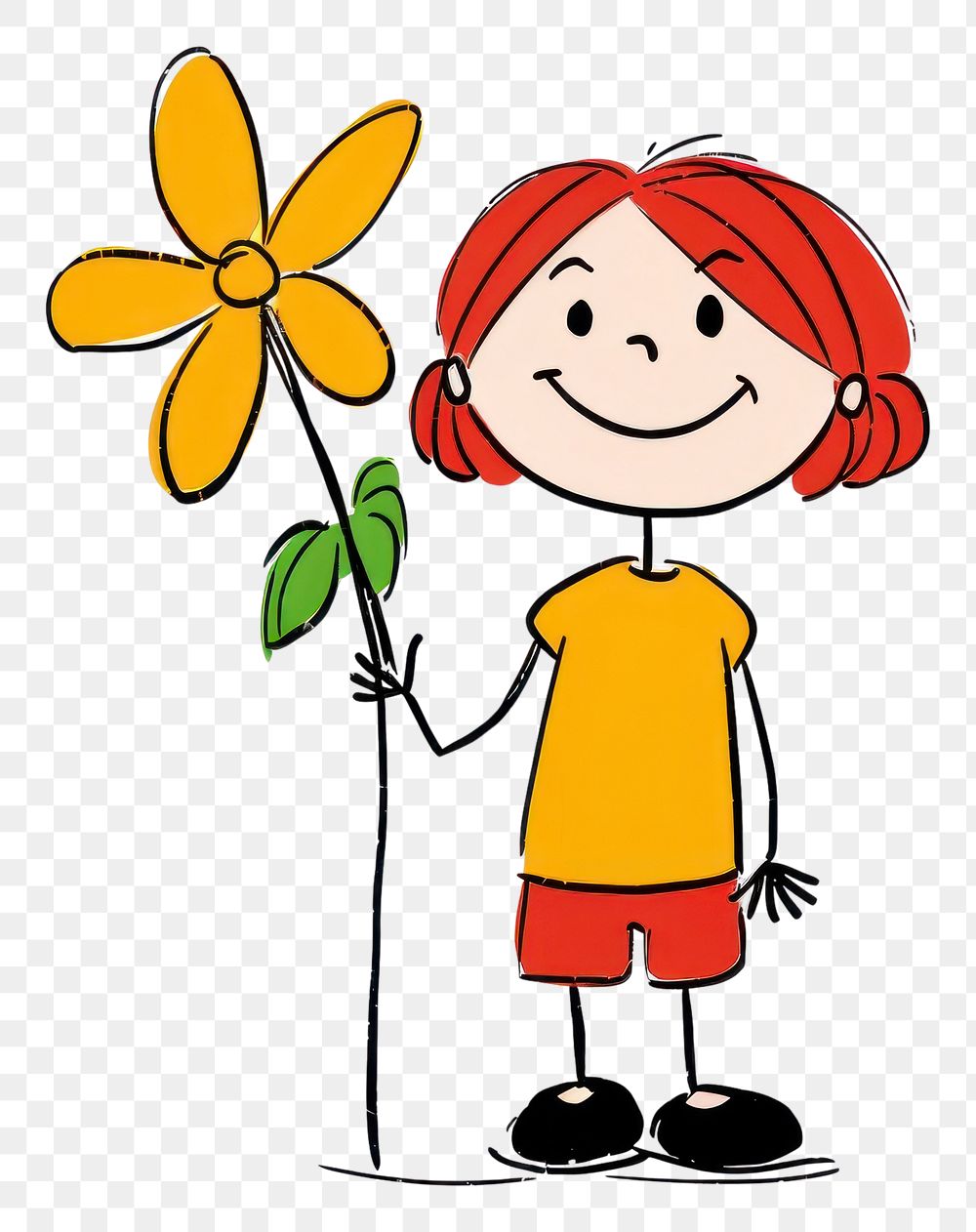 PNG Girl holding a flower drawing cartoon sketch.