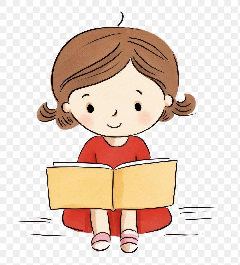 PNG  Girl reading a book cartoon drawing sketch. AI generated Image by rawpixel.