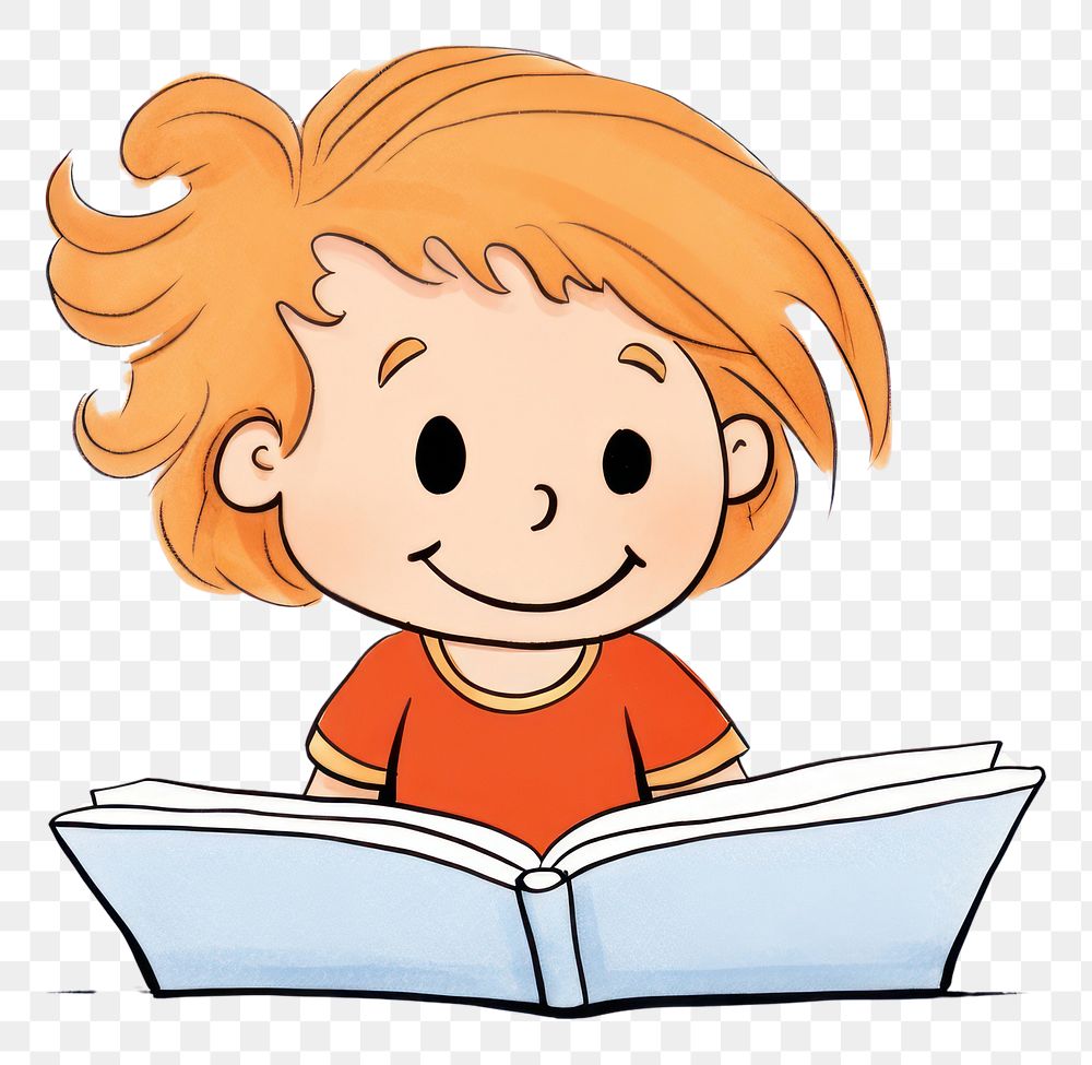 PNG  Girl reading a book cartoon publication cute. AI generated Image by rawpixel.