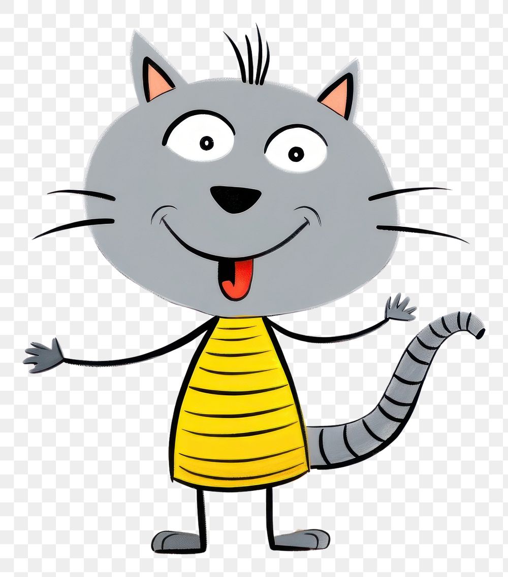 PNG Grey cat happy cartoon drawing animal.
