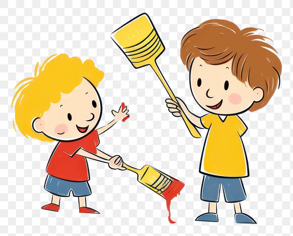 PNG  Kids holding a big paint brush cartoon cute white background. AI generated Image by rawpixel.