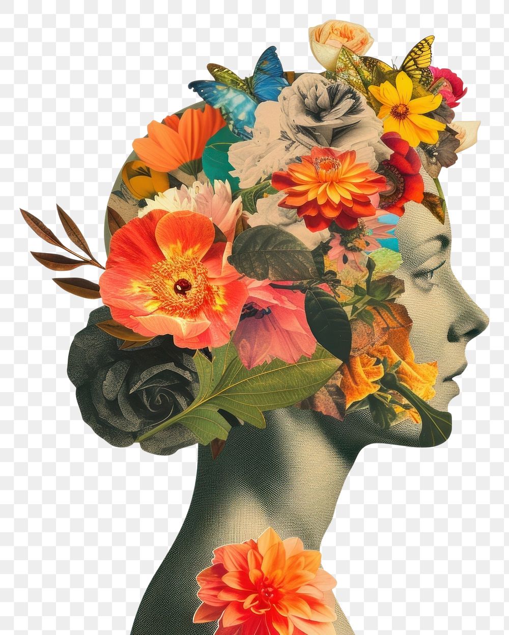 PNG Cut paper collage with statue art painting flower