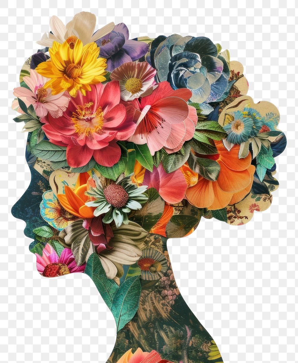 PNG Cut paper collage with statue art painting flower.