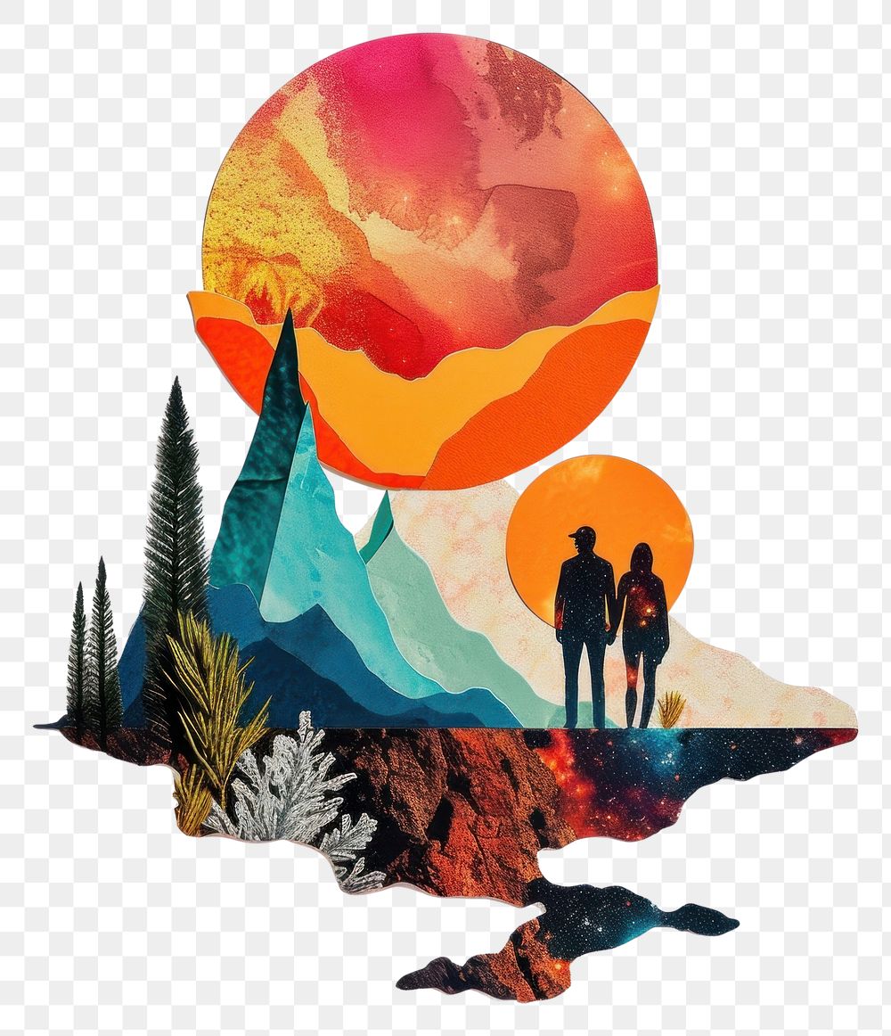 PNG Cut paper collage with couple art painting nature