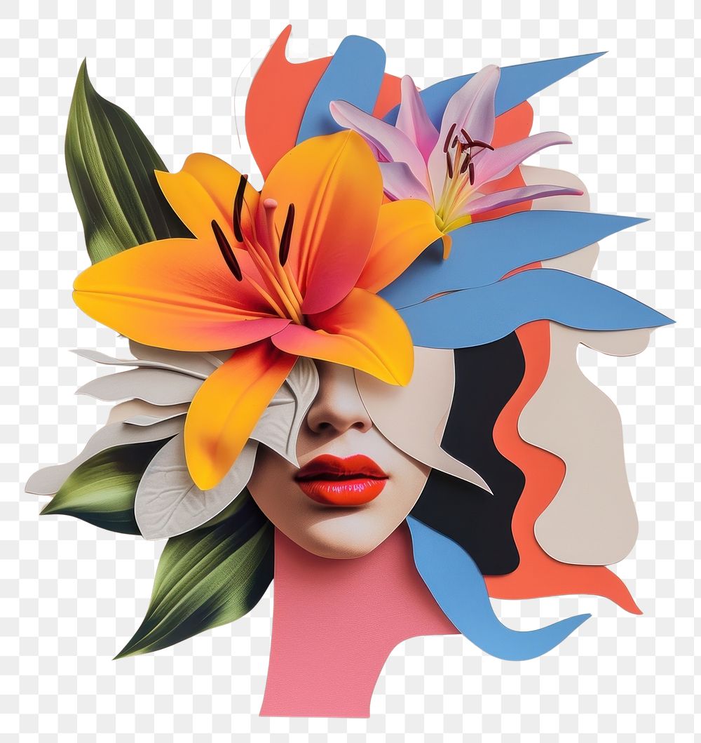 PNG Cut paper collage with female flower art portrait.