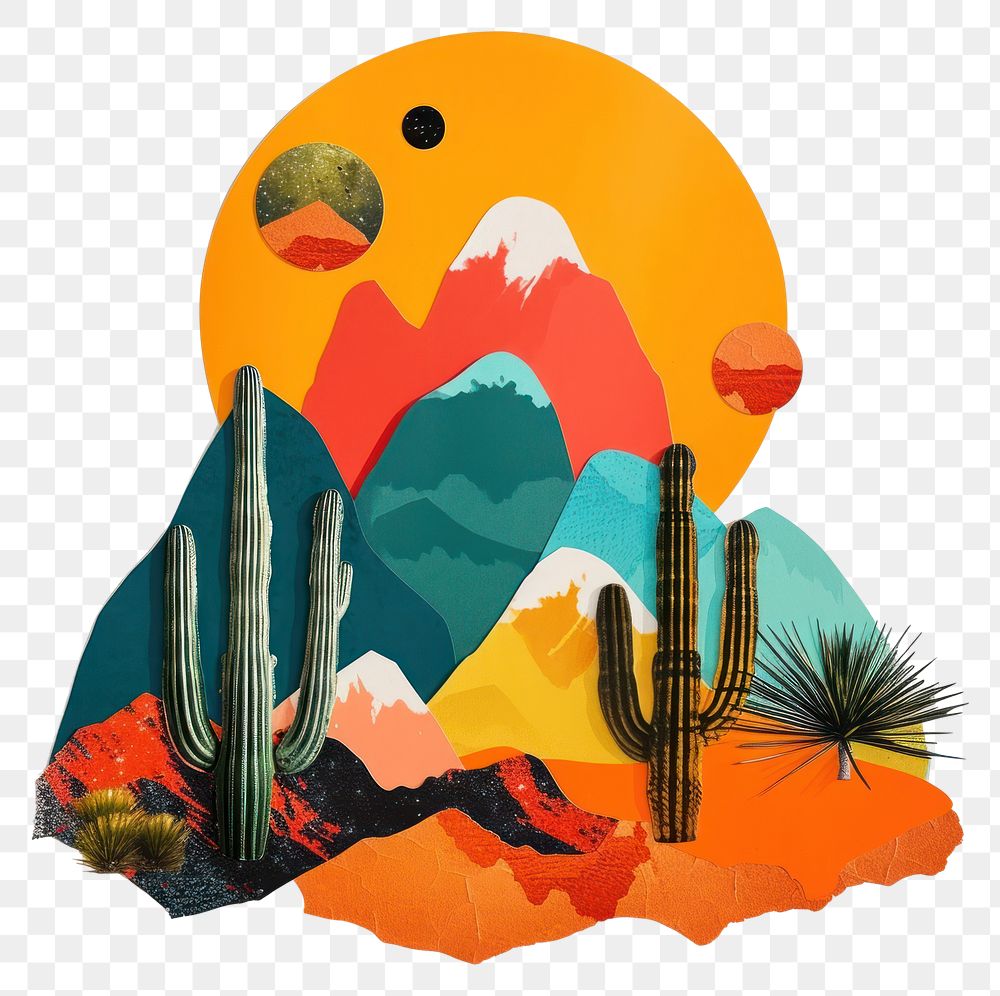 PNG Cut paper collage with cactus art painting tranquility.