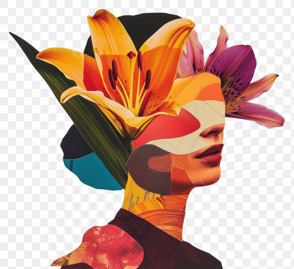 PNG Cut paper collage with female flower art plant.