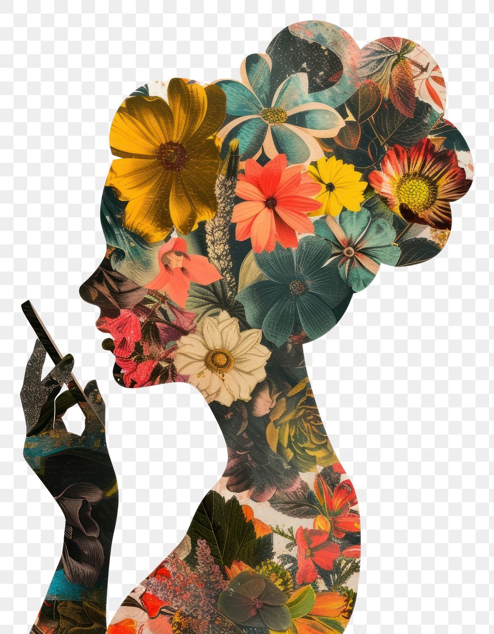 PNG Cut paper collage with statue art pattern flower.