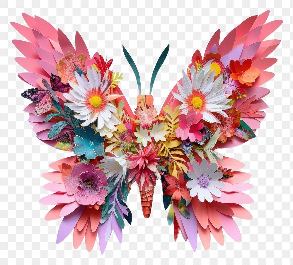 PNG Cut paper collage with butterfly art flower plant.