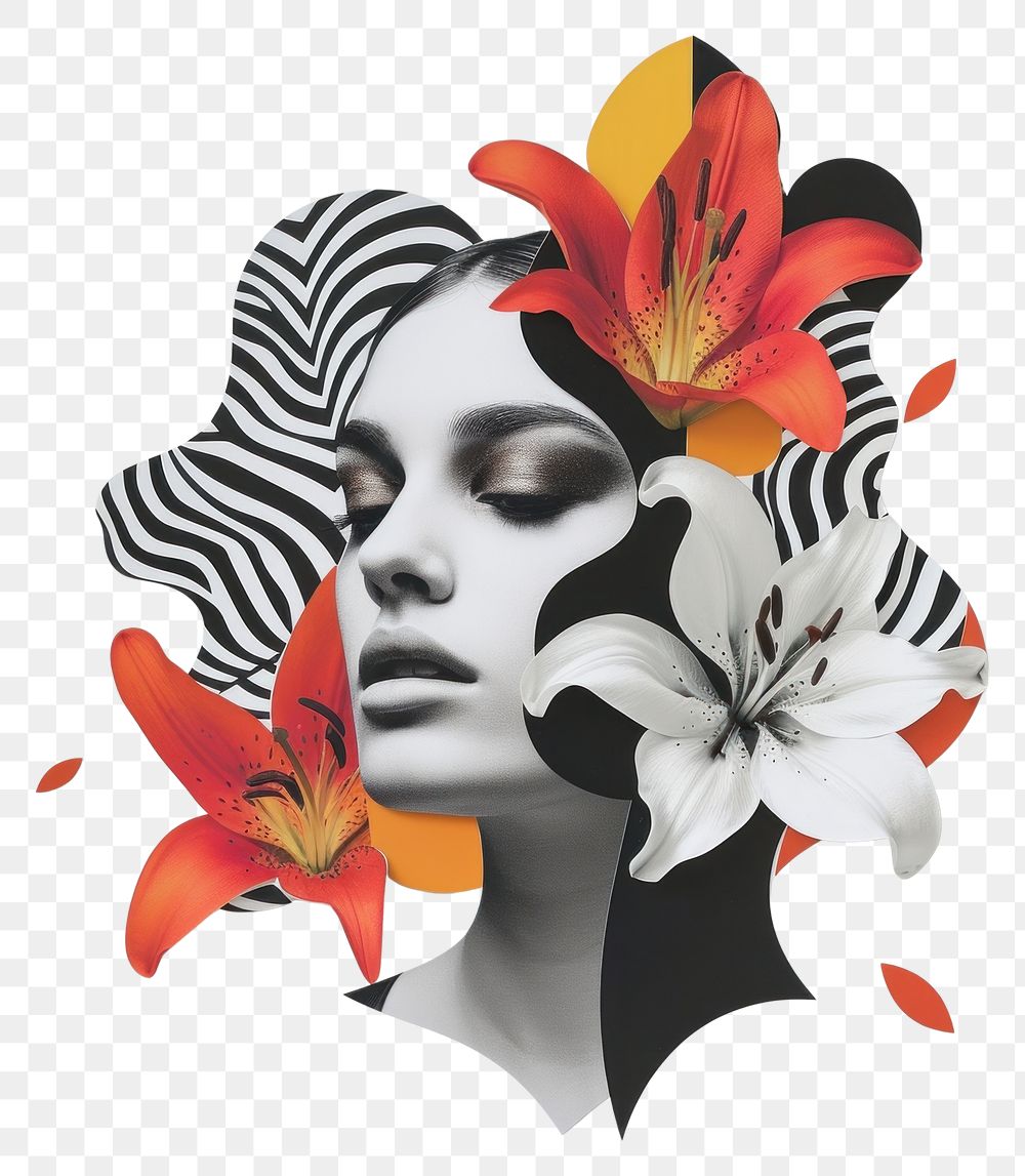 PNG Cut paper collage with female flower art petal