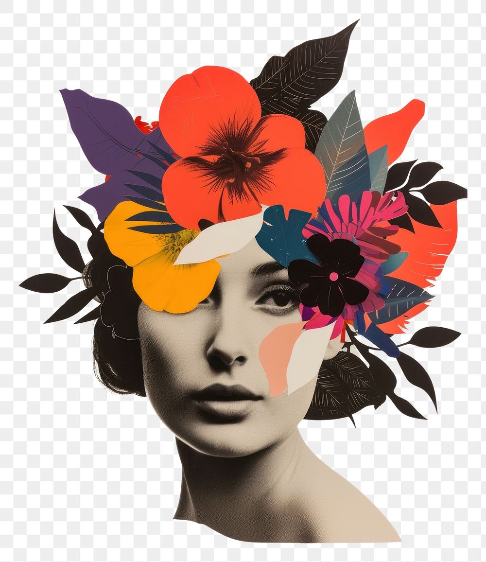 PNG Cut paper collage with women art portrait flower.