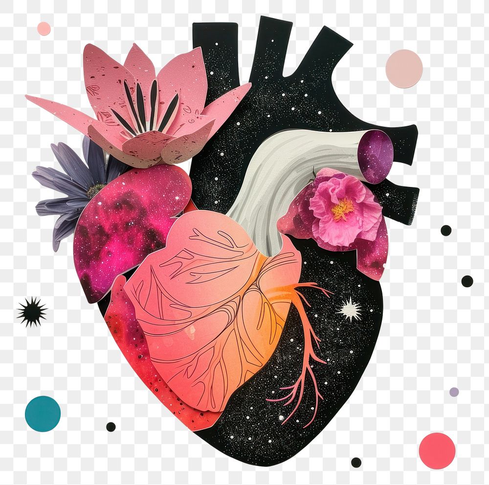 PNG Cut paper collage with heart flower pink representation.