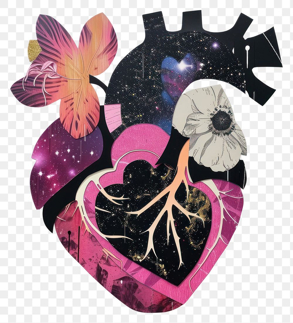 PNG Cut paper collage with heart pink representation creativity.