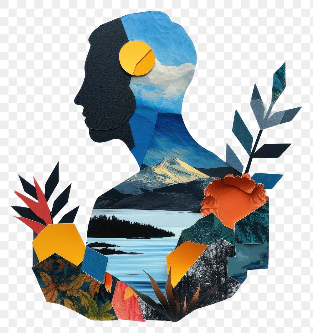PNG Cut paper collage with man nature art white background.