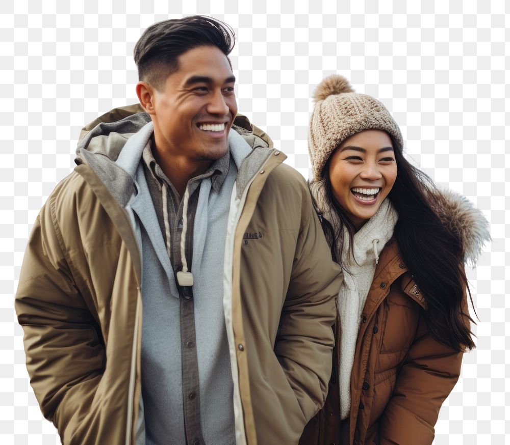 PNG Samoan couple hiking jacket laughing outdoors.