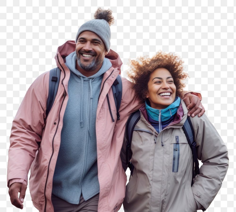 PNG Samoan couple hiking jacket outdoors travel.