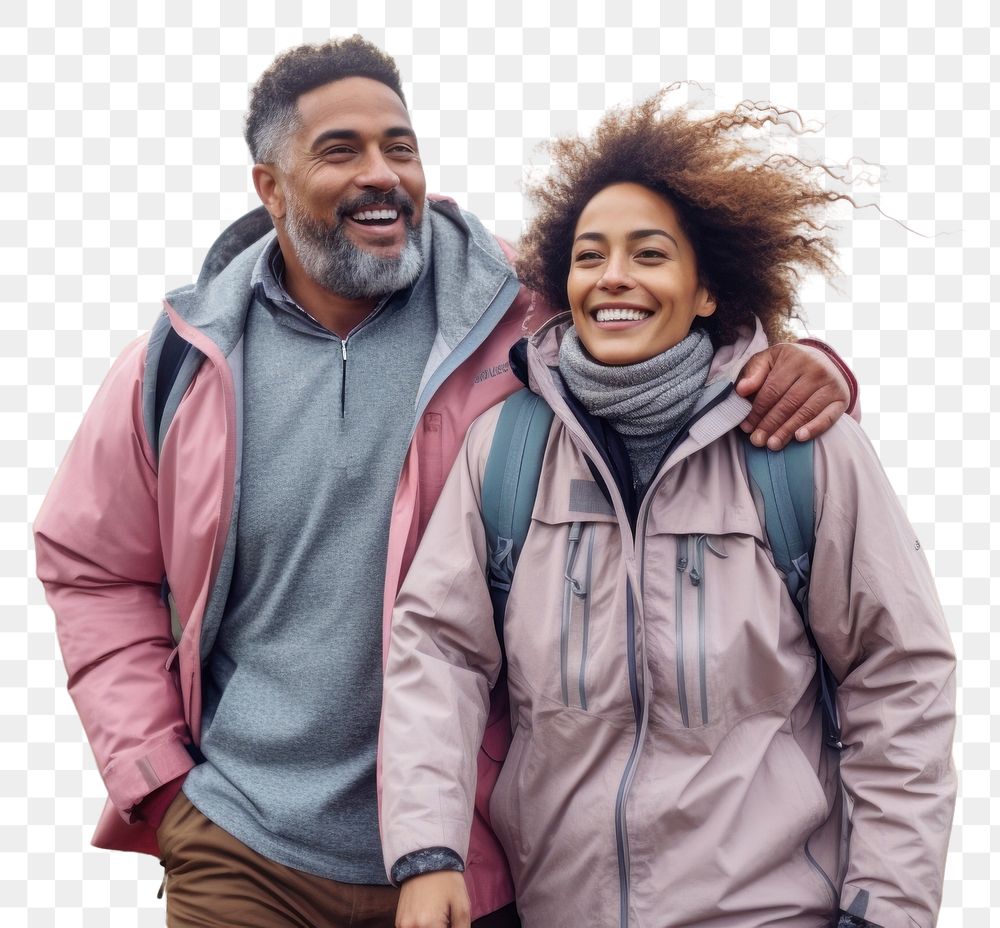 PNG Samoan couple hiking outdoors jacket travel.