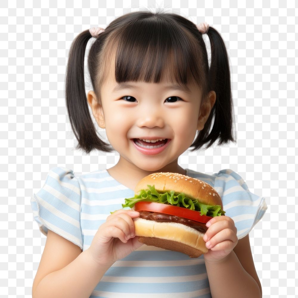 PNG Taiwanese little girl eating burger biting child food.