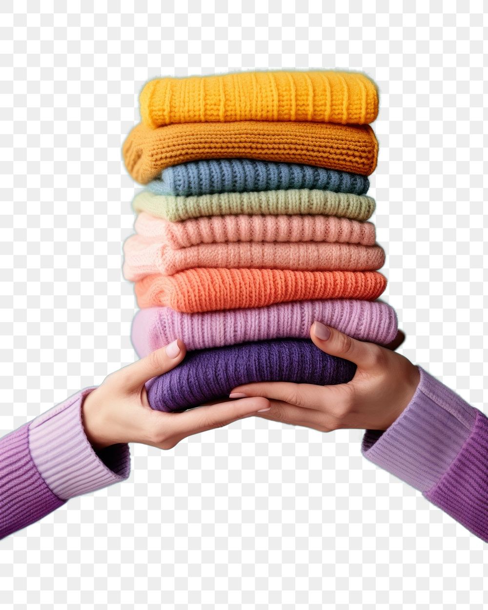 PNG Stack of folding soft handmade colorful knitted holding variation abundance.