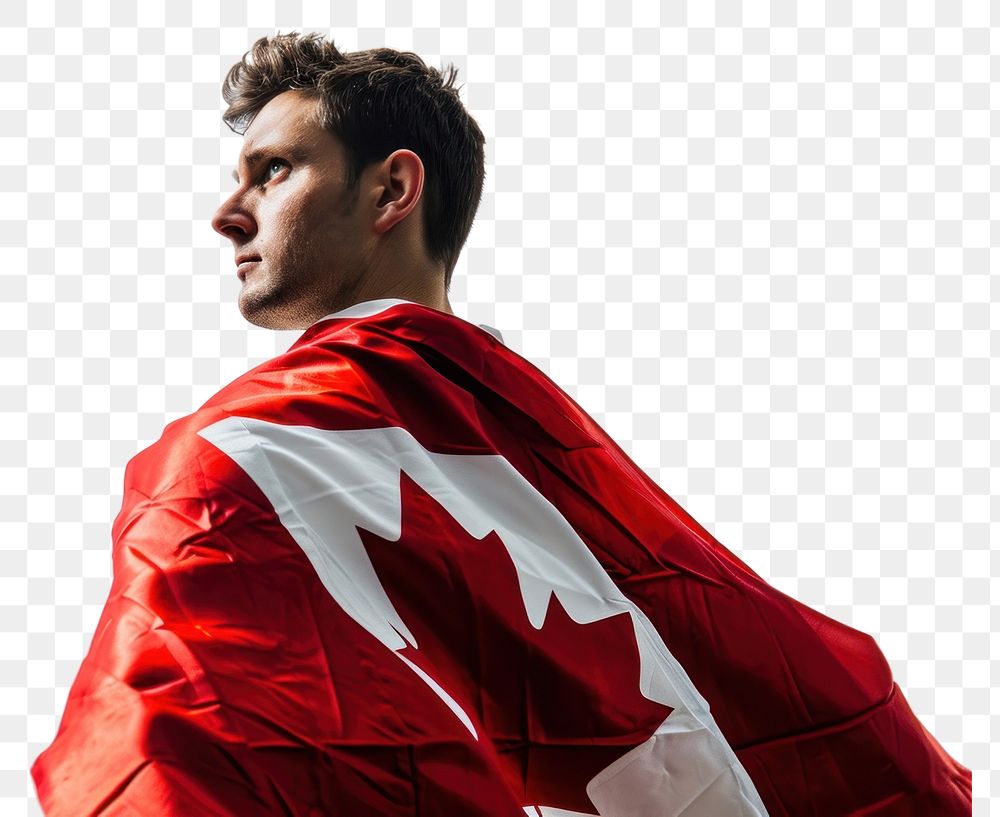 PNG Man wrapped in canadian flag adult patriotism portrait. AI generated Image by rawpixel.