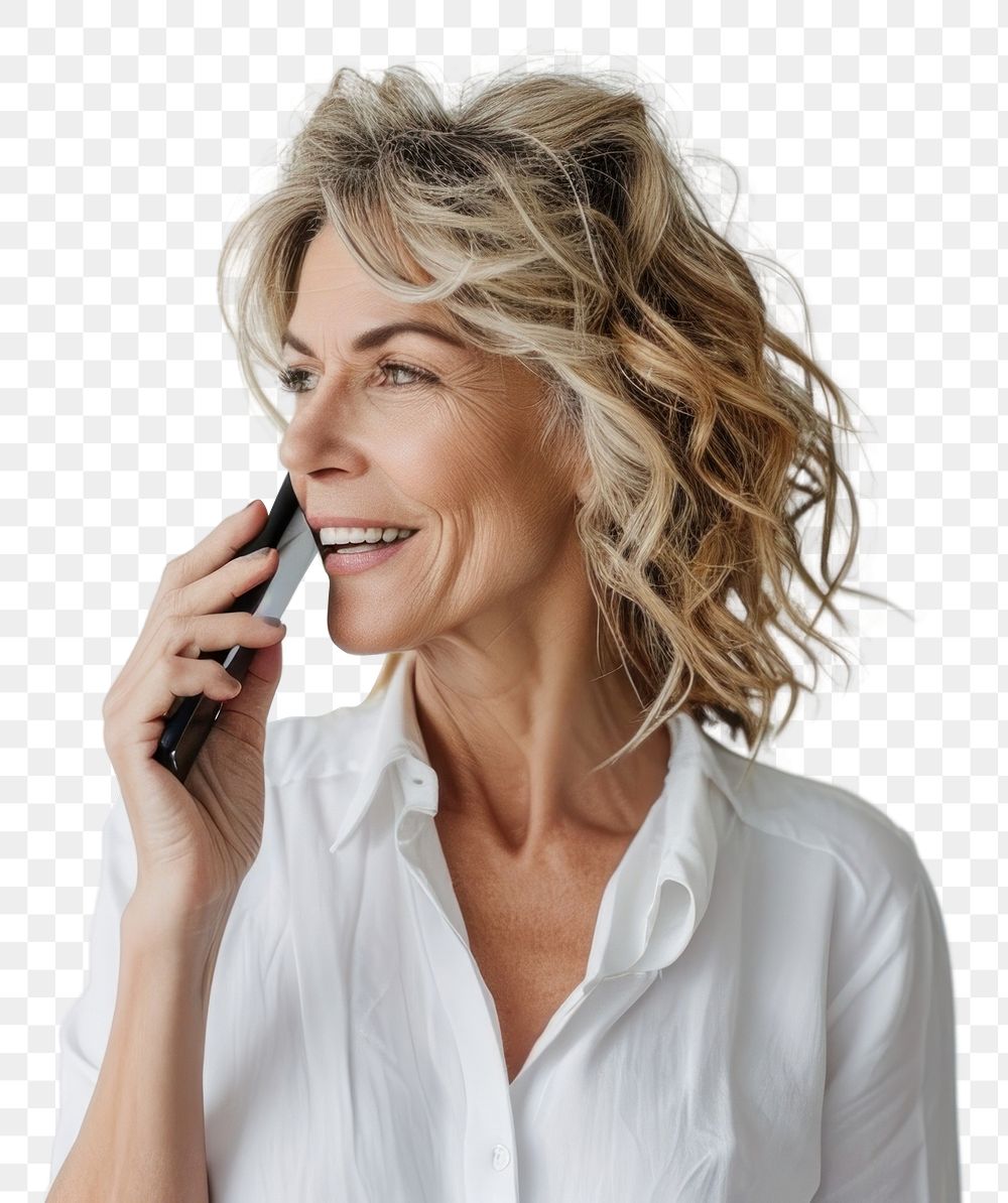PNG Woman making phone call laughing smile white. AI generated Image by rawpixel.