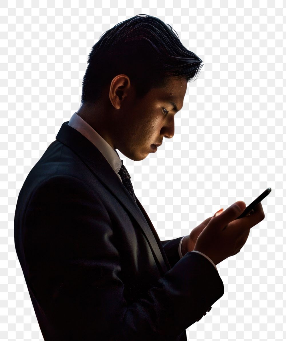 PNG Man in suit looking at his phone city adult photo. AI generated Image by rawpixel.